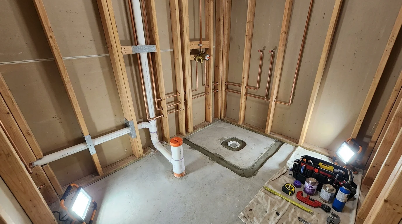 Bathroom rough-in plumbing during remodel by Johns Plumbing LLC in Weatogue