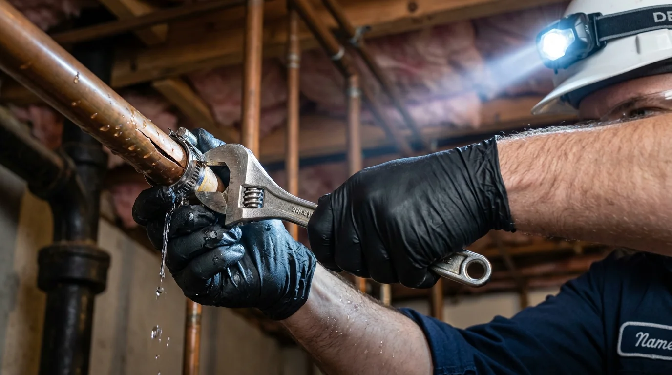 Emergency pipe clamp repair being performed by a Johns Plumbing LLC plumber in Weatogue