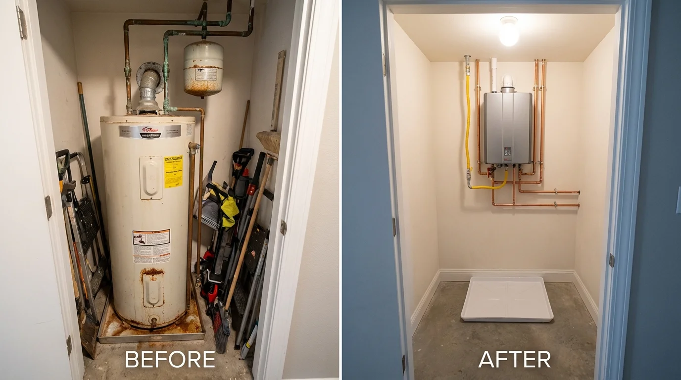 Tank water heater versus wall-mounted tankless unit comparison for Weatogue, CT homeowners