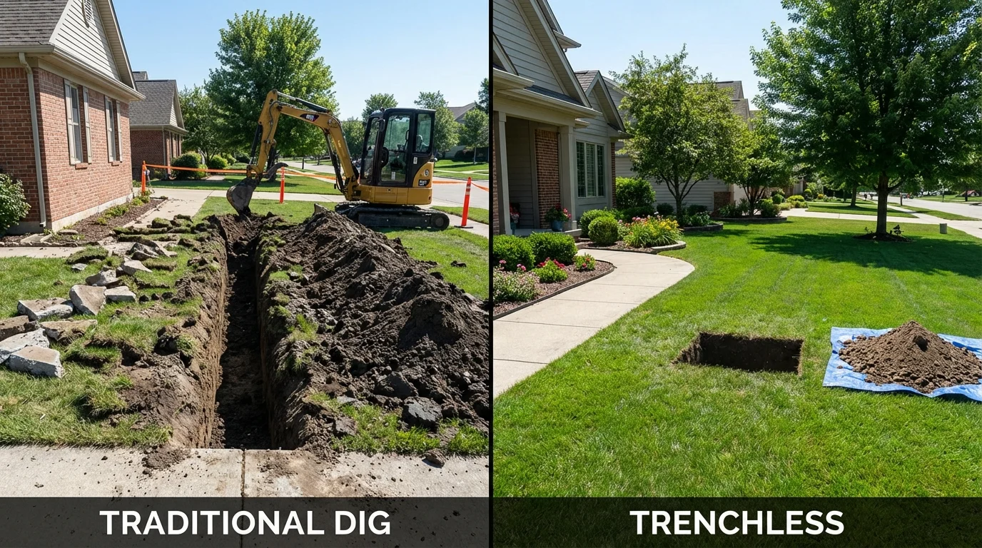 Trenchless sewer repair with minimal yard damage versus traditional excavation in Weatogue, CT